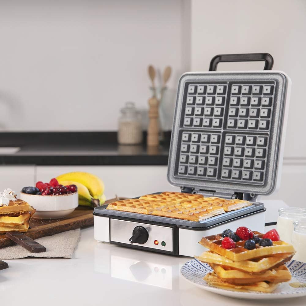 26742 - Cecotec - Makina për Waffle Elektrike për Waffle, 4Inox 1200W, Inoks i Lartë, 4 Waffle me Pllakë Anti-derdhëse Rockstone, Rregullim i Temperaturës