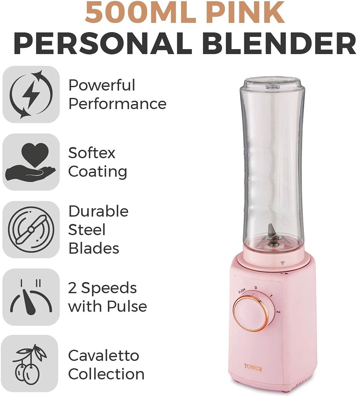 27061 - Tower T12060PNK Cavaletto Blender Personal me Enë Tritan Smoothie, 2 Shpejtësi, 500ml, 300W, Ngjyrë Marshmallow Pink dhe Rose Gold