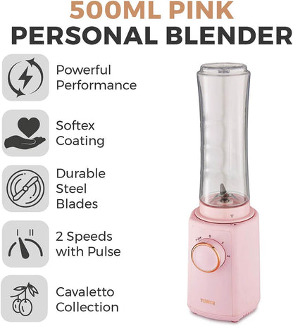 27061 - Tower T12060PNK Cavaletto Blender Personal me Enë Tritan Smoothie, 2 Shpejtësi, 500ml, 300W, Ngjyrë Marshmallow Pink dhe Rose Gold