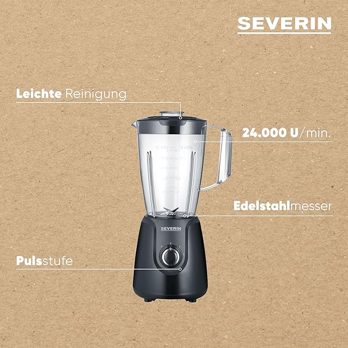 26759 - SEVERIN Mikser Standar me 1.5L Kupa Tritan, Mikser me 2 Shpejtësi dhe Funksion Pulse, Mikser i Fuqishëm për Kuzhinë, 600W, E Zezë, SM 3707